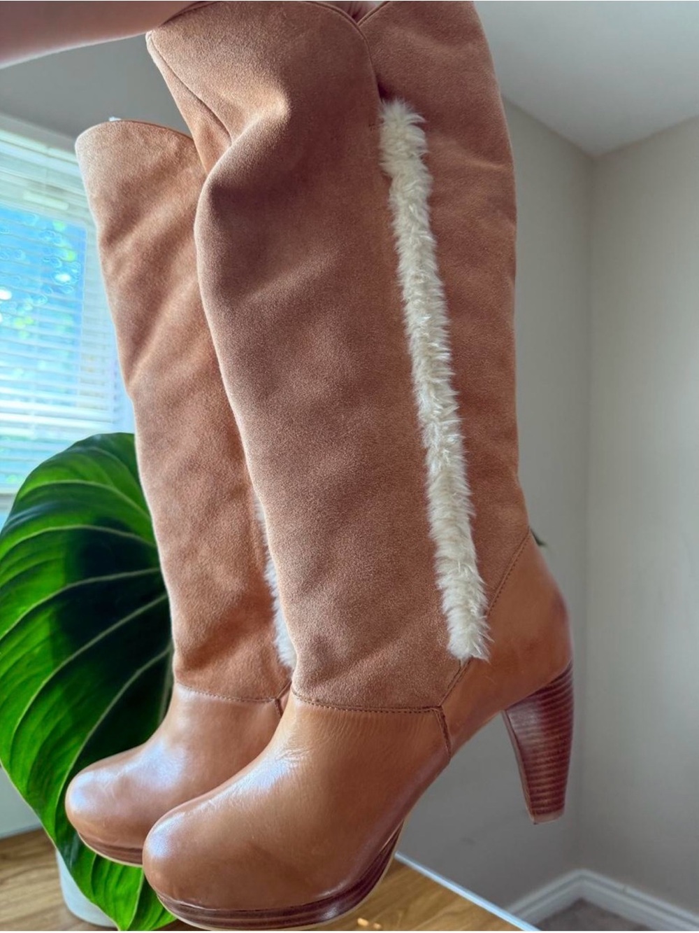 Very Volatile Tan Suede & Leather Over-the-Knee Boots with Cream Fur Trim